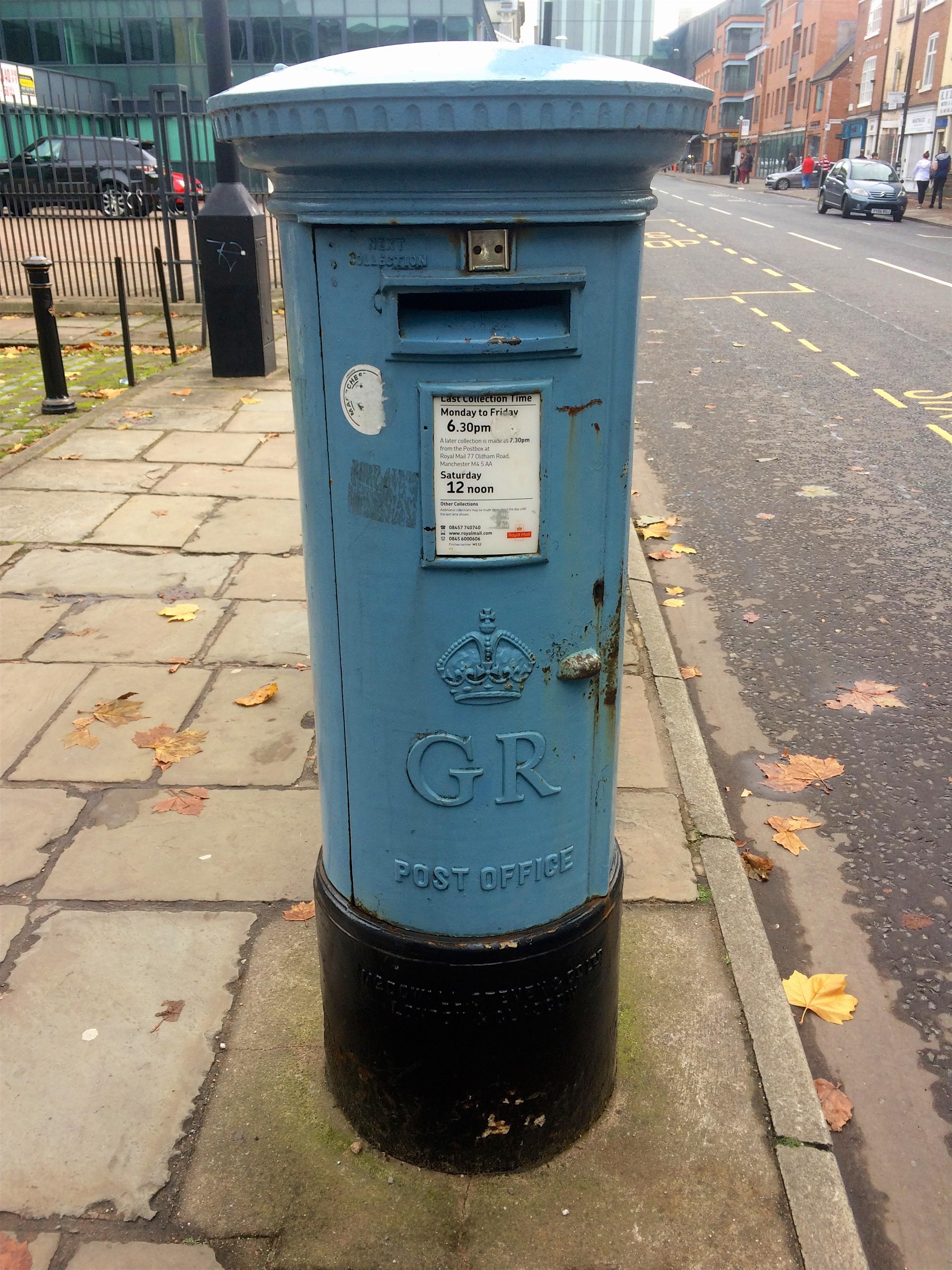 Blue (airmail) postbox, Manchester