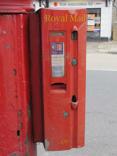 Edward VII pillar box with side-mounted stamp vending machine, London NW10